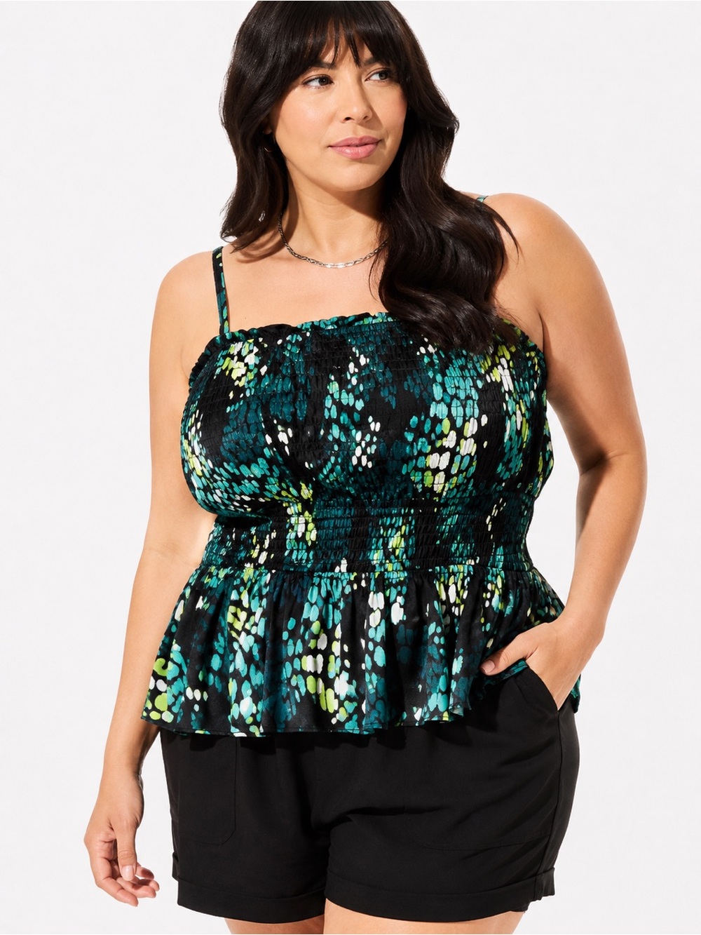 torrid Size 1X Smocked Peplum Cami Top Black Teal Abstract Print NWT